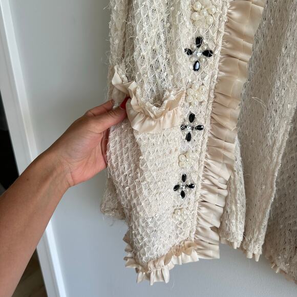 Vintage Ryu Ruffle Lace Bead Hook Closure Jacket Cream L - Picture 5 of 9